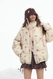 ELFSACK 2025 Winter New Arrivals Y2K Sweet Cute Solid Rose Bow Graphic Hoodless Half High Stand Collar Short Down Jacket For Wom