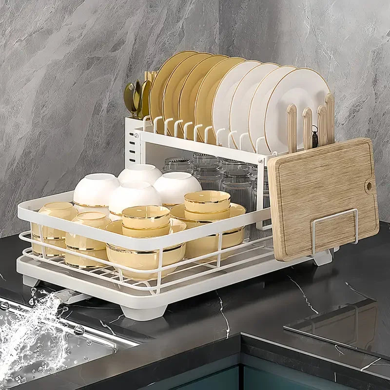 2026 Upgraded New Model - 1.5-Layer Carbon Steel Dish Rack, with Drain Tray, Commercial-Grade Tableware Storage Rack – Large Capacity, Rust-Proof, Includes Cutlery Rack and Cutting Board Rack, Suitable for Families of 4-6 P