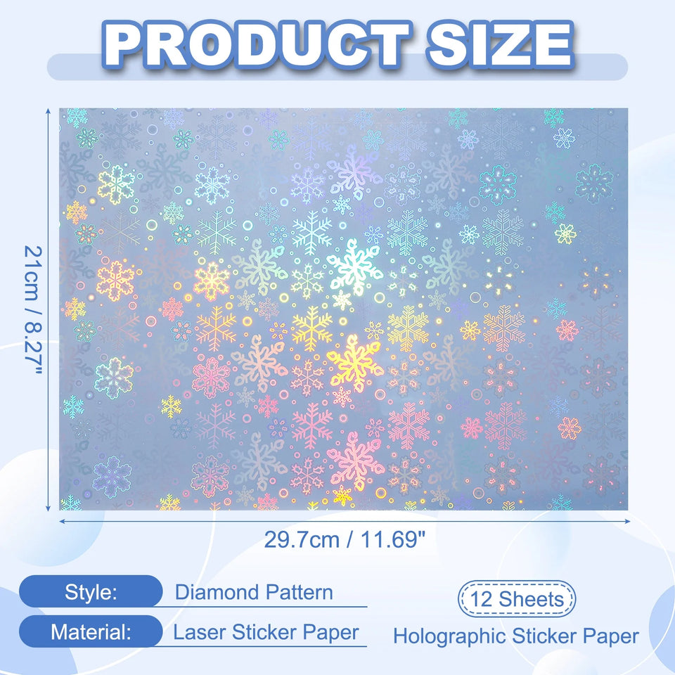 12Sheets Printable Holographic Sticker Paper Vinyl Sticker Paper A4 Waterproof Quickly Stickers for Laser Printer Inkjet Printer