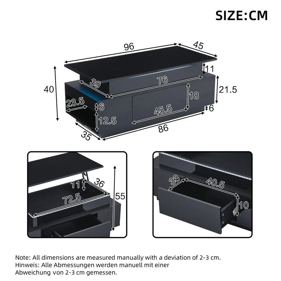 KOMHTOM Black height adjustable coffee table high gloss coffee table with hidden storage, drawer and LED lighting