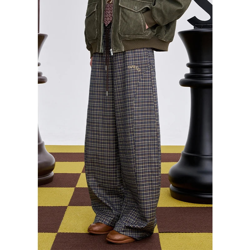 ELFSACK 2025 Winter New Arrivals Casual Loose Embroidered Plaid Long Pants For Woman