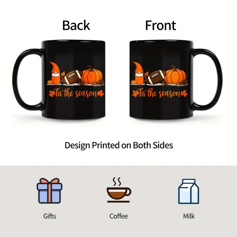 A black Egyptian temple designed ceramic cup with hieroglyphics and columns is suitable for drinking coffee, tea, or water at ho