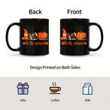 A black Egyptian temple designed ceramic cup with hieroglyphics and columns is suitable for drinking coffee, tea, or water at ho