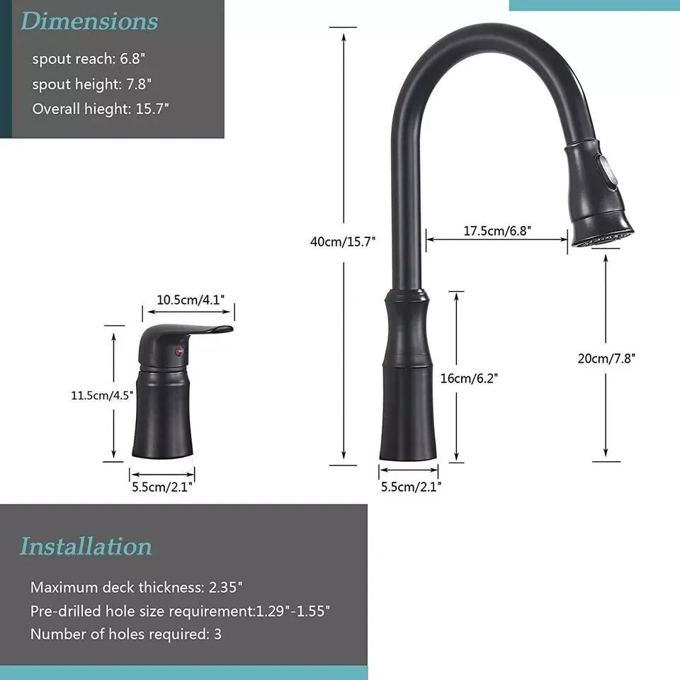 Matte Black Kitchen Sink Faucet with Pull Down Sprayer 1 Handle 2 Hole Mixer Tap Hot and Cold Taps