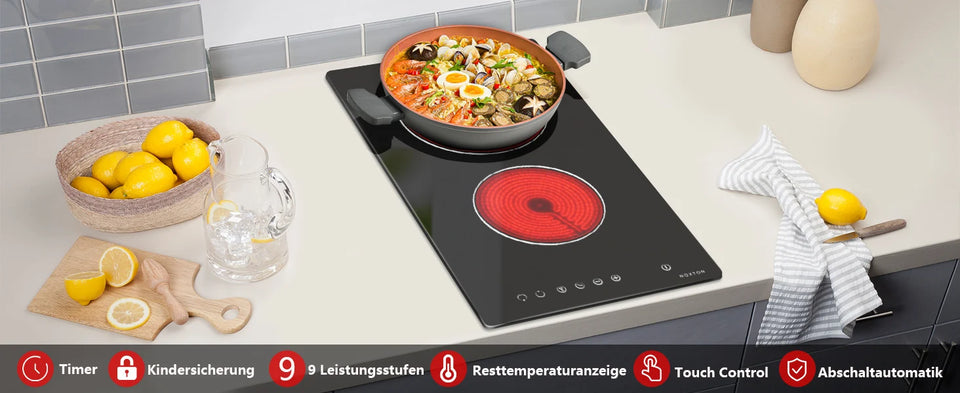NOXTON Ceramic Hob, Built-in 2 Zone Electric Hobs 29 x 52cm Noise-free Auto Shut-off Safe Lock Heat Indicator Black Glass Panel