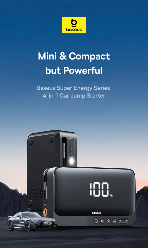 Baseus 4 In 1 Car Jump Starter with LED Lighting 600A Portable Car Battery Charger Power Bank Tire Inflator Pump Air Compressor