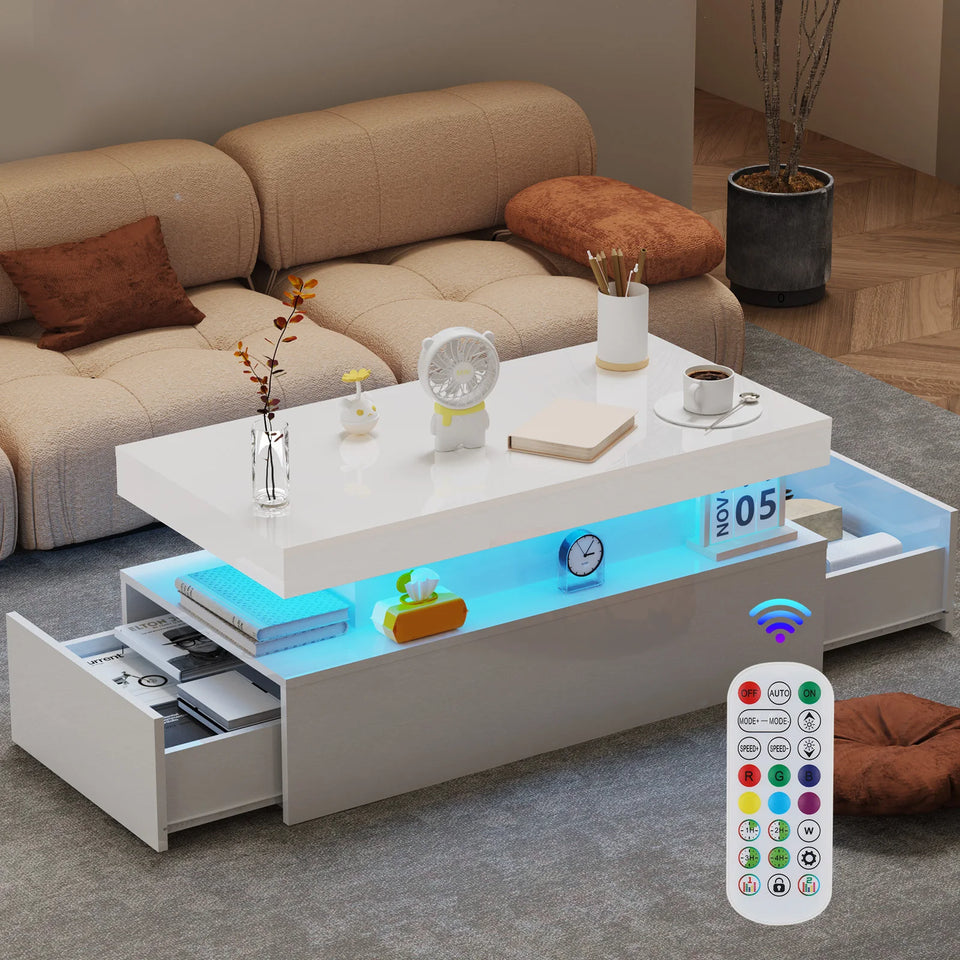 Coffee Table with Storage, White  High Gloss Coffee Table for Living Room with LED RGB Lights 2 Drawer Storage and Open Shelf