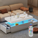 Coffee Table with Storage, White  High Gloss Coffee Table for Living Room with LED RGB Lights 2 Drawer Storage and Open Shelf
