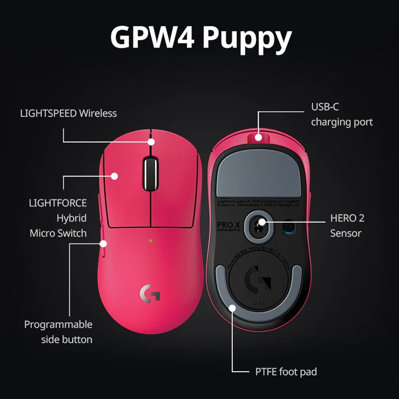 Logitech G PRO X SUPERLIGHT 2c wireless gaming mouse, 51g, HERO 2 sensor supports up to 44000DPI and 888IPS, 8KHz