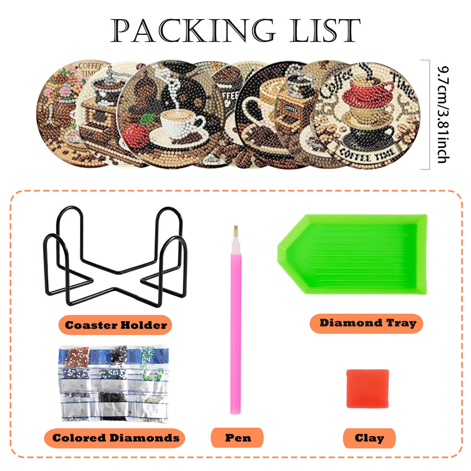 8 pieces/set of diamond painted coaster set with coffee pattern coaster (with holder) - DIY diamond art craft kit for home decor
