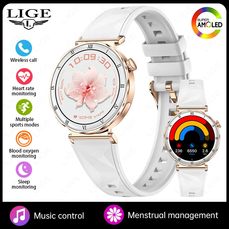 LIGE New 1.19inch AMOLED Fashion Ladies Smart Watch Bluetooth Call Sports Bracelet Women’s Health Waterproof Diamond Smartwatch