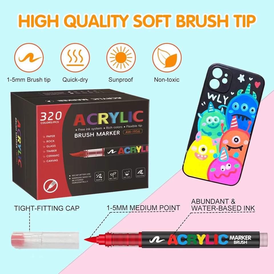 366 Colours Acrylic Markers Flexible Brush Tip Acrylic Paint Marker for Painting Stone Fabric Glass Ceramic Canvas Paper Wood