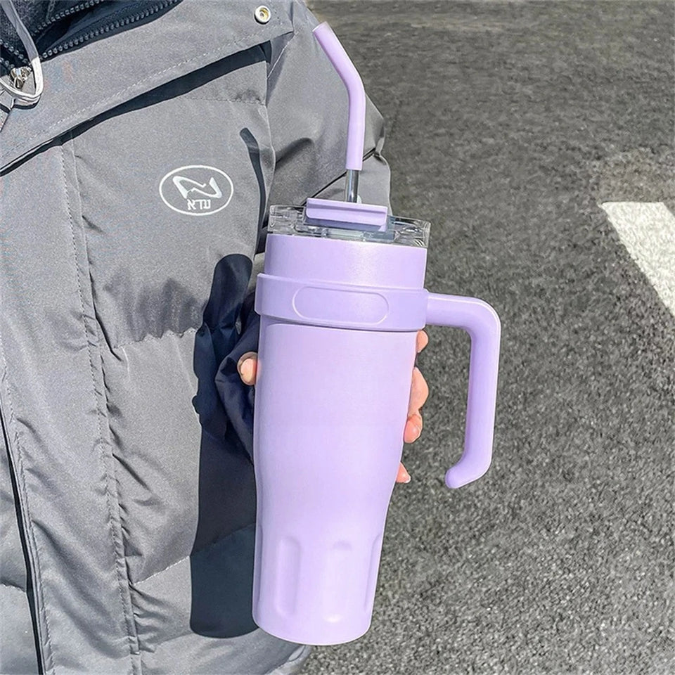 1pc Stainless Steel Ice Tumbler 38.55oz Insulated Cup with Handle & Straw Keeps Cold for 24 Hrs Car Insulation Cup Coffee Water