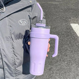 1pc Stainless Steel Ice Tumbler 38.55oz Insulated Cup with Handle & Straw Keeps Cold for 24 Hrs Car Insulation Cup Coffee Water