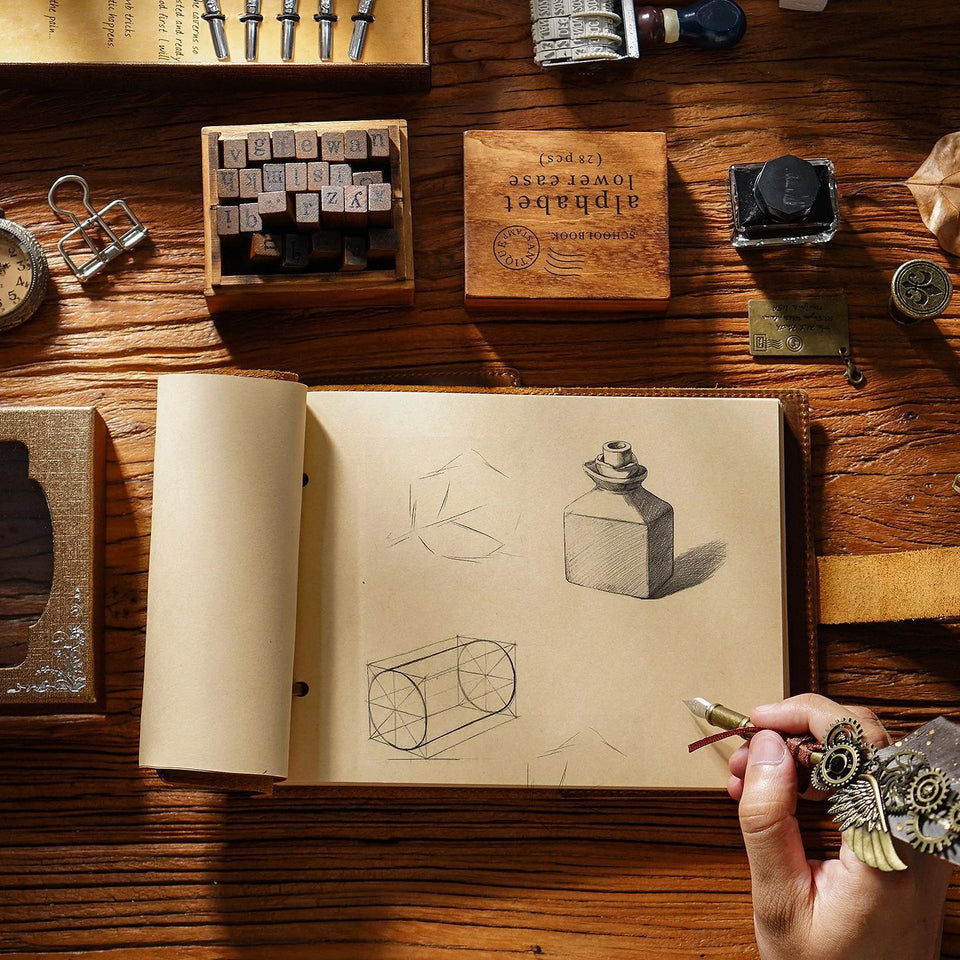 Genuine Leather Sketchbook Retro Painting Notebook Boy"s Girl Student Leather Binding Notebook Classic Handmade Notepad