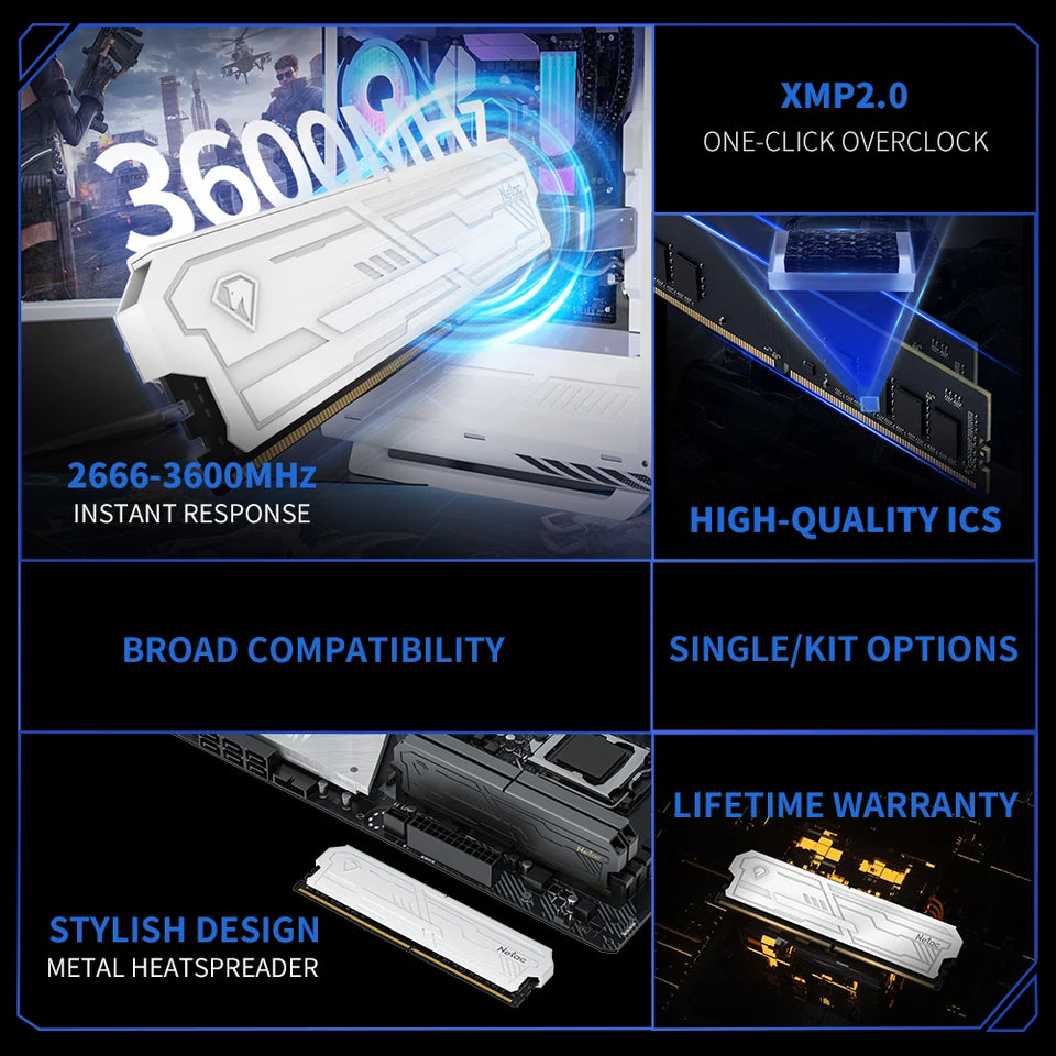 Netac DDR4 Ram Memory 8G 16G DDR4 3200MHz 3600MHz 8GX2 16GX2 Shadow Ill UDIMM DDR4 1.35V XMP2.0 with Metal HeatSink for Desktop