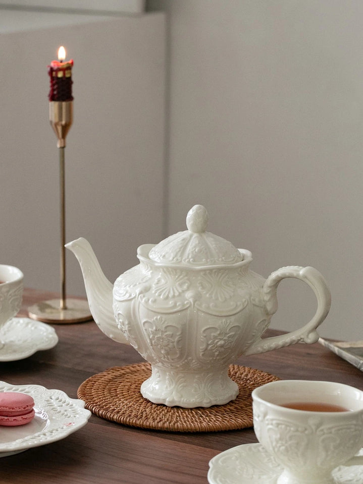 Ceramic European Style Tea Set French Relief Butterfly Flower Palace Pot Black Tea Cup Afternoon Tea Coffee Cup and Plate