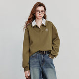TOYOUTH Women Sweatshirt 2025 Autumn New Green Velvet Embroidery Contrasting Color Splicing Double Layer Collar Pullover Hoodies