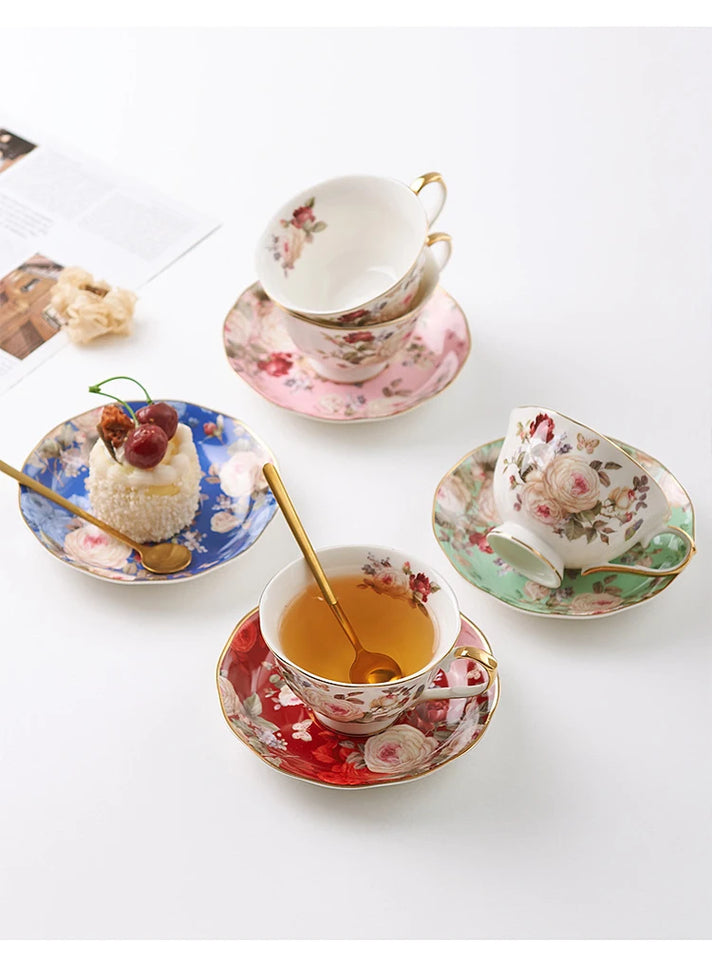 English Camellia Coffee cup & Saucer Set, Light luxury Home afternoon Tea cup and plate, Girls' gift, High appearance level cups