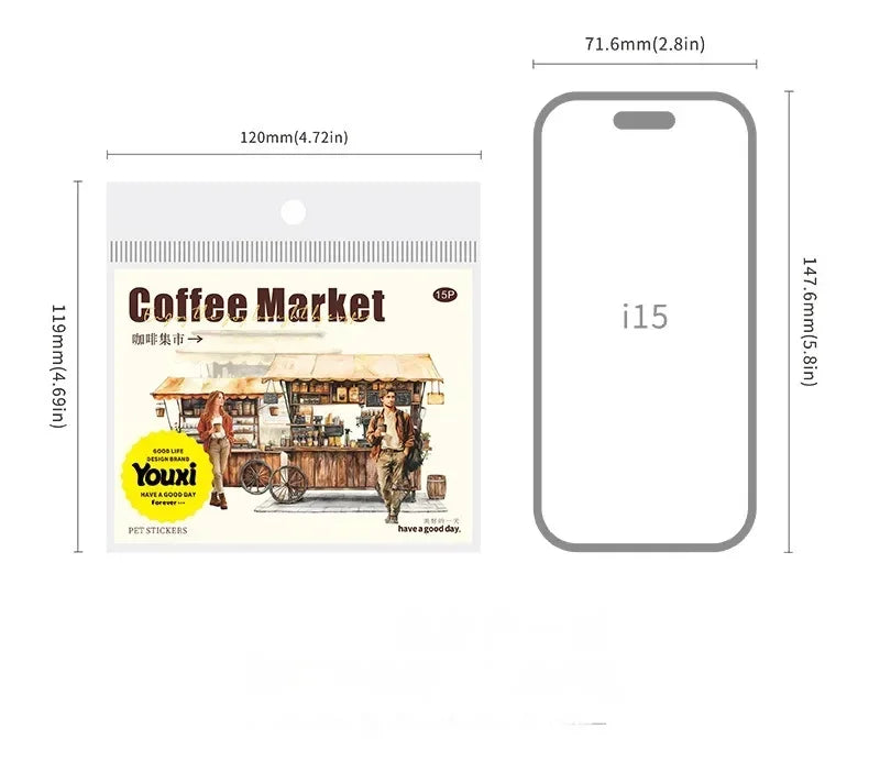 Coffee Bazaar Series Sticker Pack 6 Coffee Shop Diorama Themes 15Pcs Journal Decor for Cafe Lovers