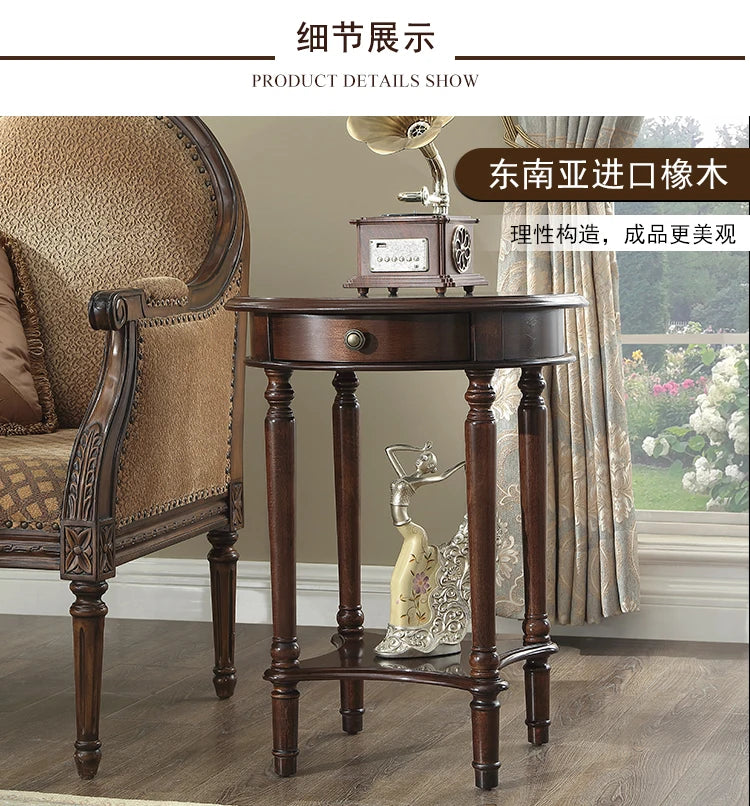 Solid Wood Sofa Side Table American Living Room round Desk European-Style Coffee Surface Casual Telephone Shelf for Entryway