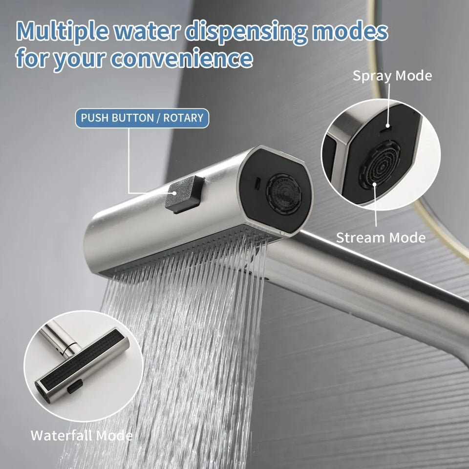360° rotating, 3-mode waterfall pull-out kitchen faucet, suitable for kitchen sinks, made of stainless steel.