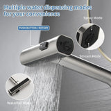 360° rotating, 3-mode waterfall pull-out kitchen faucet, suitable for kitchen sinks, made of stainless steel.