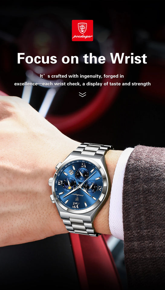 POEDAGAR Fashion Functional Man Wristwatch Luminous Week Date Business Watch For Men Stainless Steel Sports Men's Quartz Watches