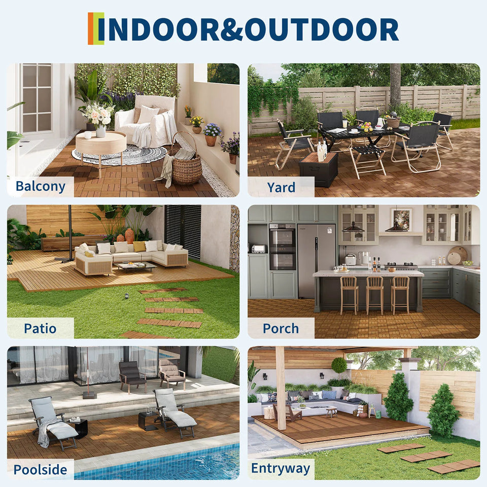 Acacia Wood Connected Deck Tiles for Patio & Outdoor Decor, 12"x12" Firm Weatherproof Non-Slip Wooden Flooring, 22/33 Panels