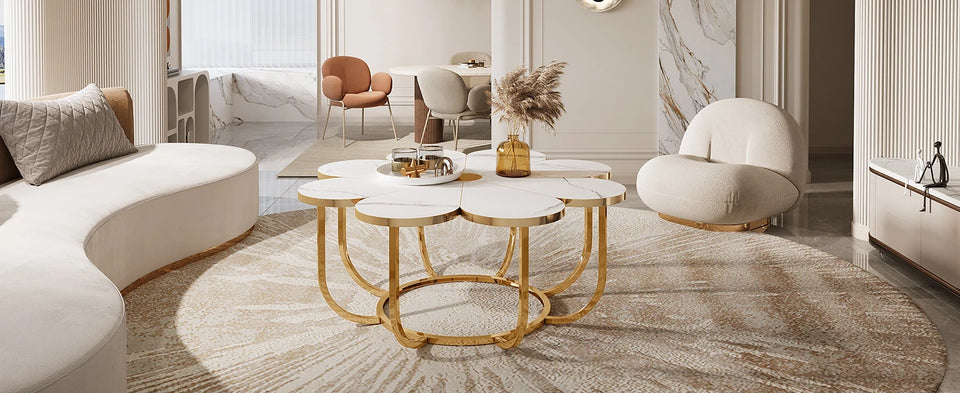 Tribesigns Faux Marble Coffee Table, White and Gold Flower-Shaped Accent Table for Living Room
