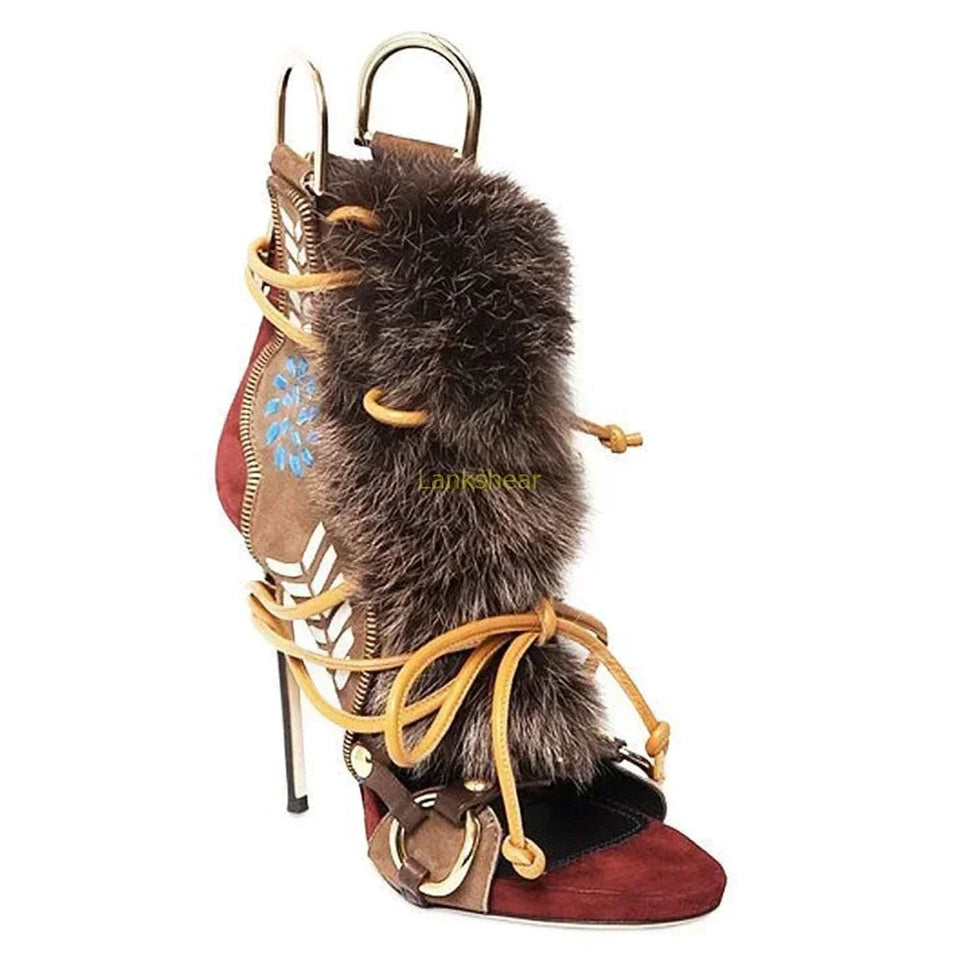 Fur Peep Toe Cross Tied Platform Sandal Boots Sexy Round Toe Thin Heel Zippeer New Arrivals Fashion Women Modern Boors