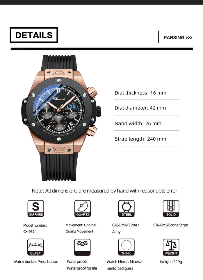 CHENXI Top Brand Luxury Watches for Mens Creative Fashion Luminous Dial with Chronograph Clock Male Casual Wristwatches