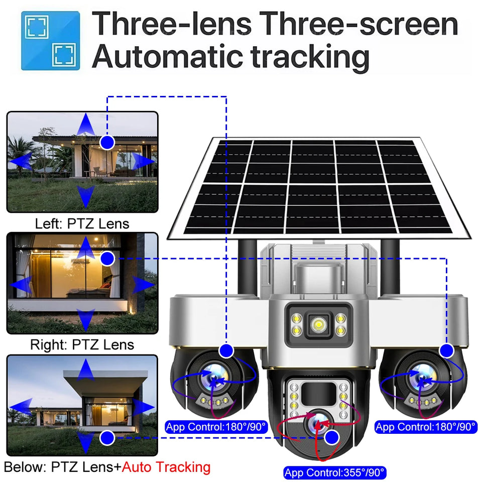 V380 Pro Solar Camera 3 Lens WiFi Security Cameras Outdoor Smart Home Solaire Power PTZ IP 15MP Night Vision CCTV Surveillance
