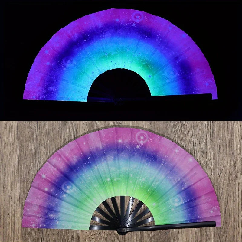 Folding Fan Bright Color Rainbow Starry Sky Color Glow In The Dark Festival Performance Party Supplies Hand Fan Xmas Dance Fan