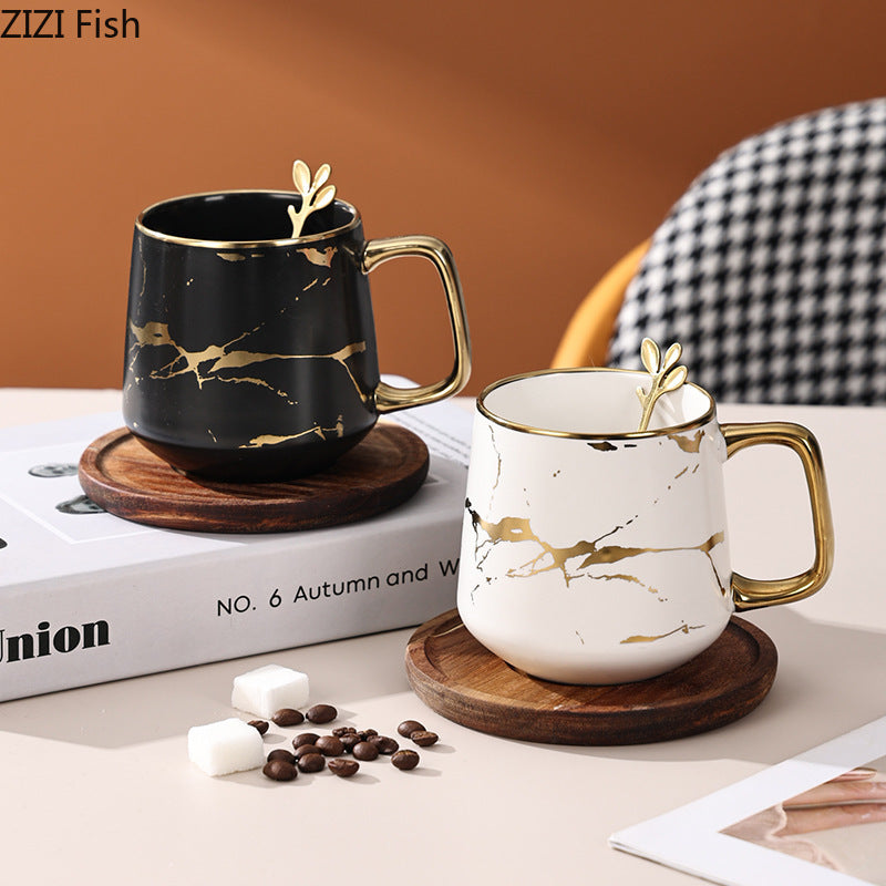 Nordic Marble Textured Ceramic Coffee Cup Creative Office Home Mug with Lid Couple Afternoon Tea Coffee Cup Set Holiday Gift