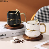 Nordic Marble Textured Ceramic Coffee Cup Creative Office Home Mug with Lid Couple Afternoon Tea Coffee Cup Set Holiday Gift