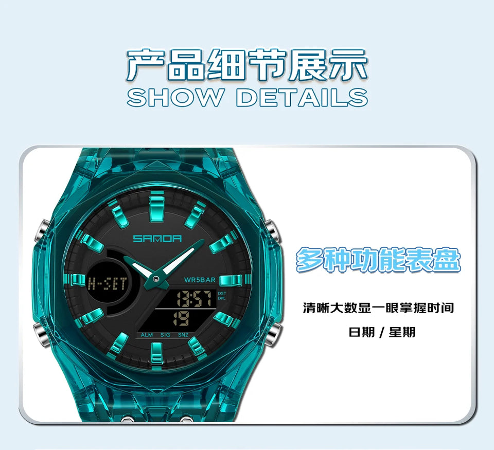 SANDA Top New 6283 Dual Display Multifunctional Student Electronic Watch Alarm Clock Night Light Waterproof Sports Student Watch