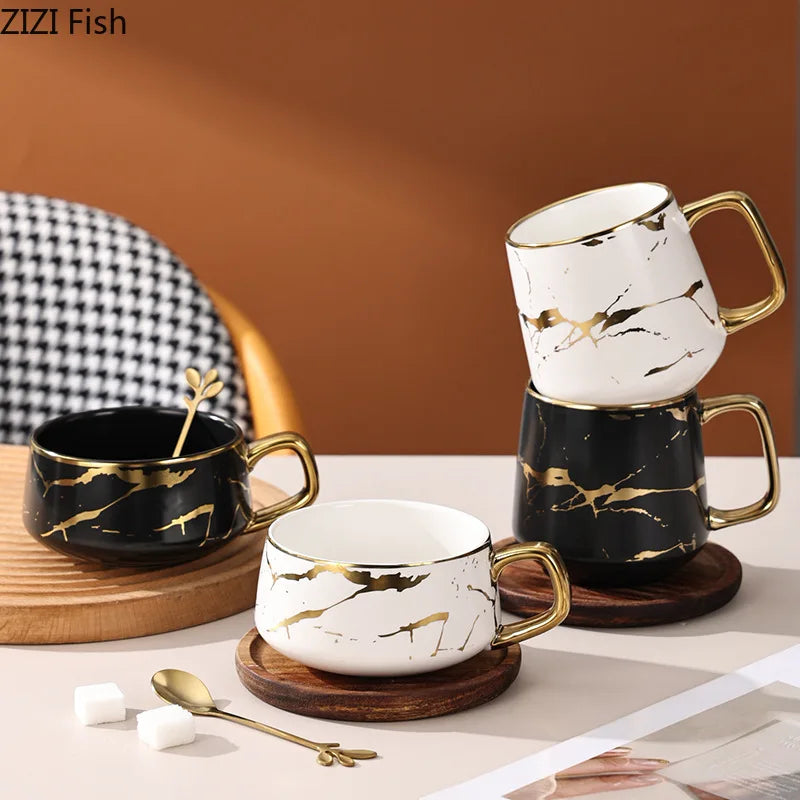 Nordic Marble Textured Ceramic Coffee Cup Creative Office Home Mug with Lid Couple Afternoon Tea Coffee Cup Set Holiday Gift