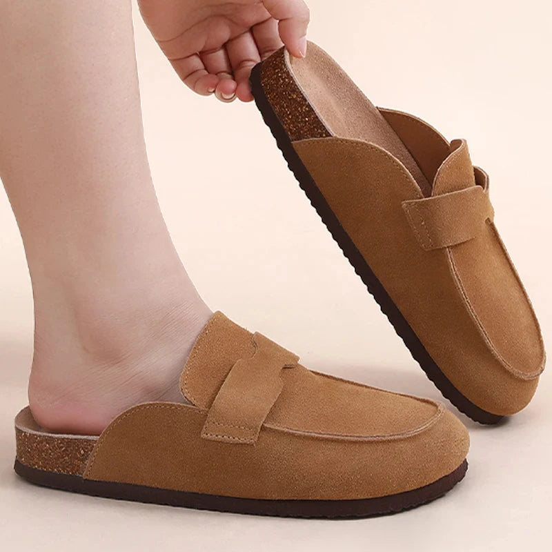 Gacimy Women Fashion Thick Sole Leather Clogs Slippers Classic Women's Mules Cork Clogs Slipper Outdoor Deep Heels Shoes Sandal