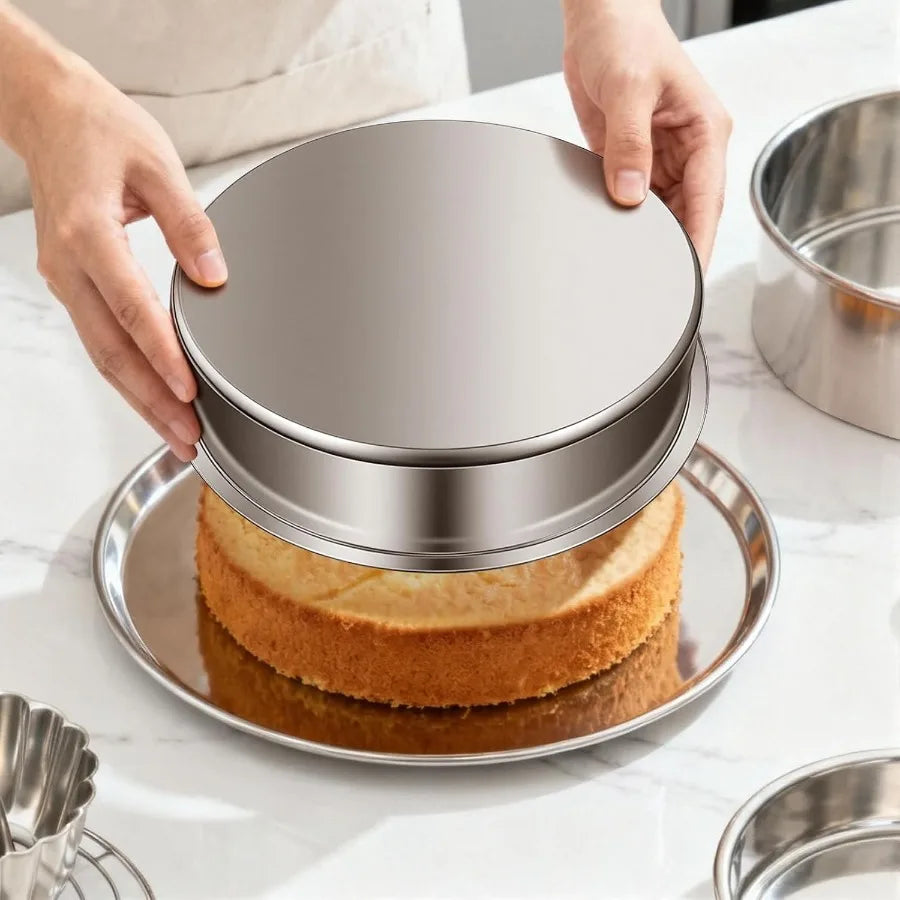 8 Inch Cake Pan Set of 4 Stainless Steel Round Layer Cake Baking Pans Molds Tins Stackable Even Heating Dishwasher Safe Non-Tox