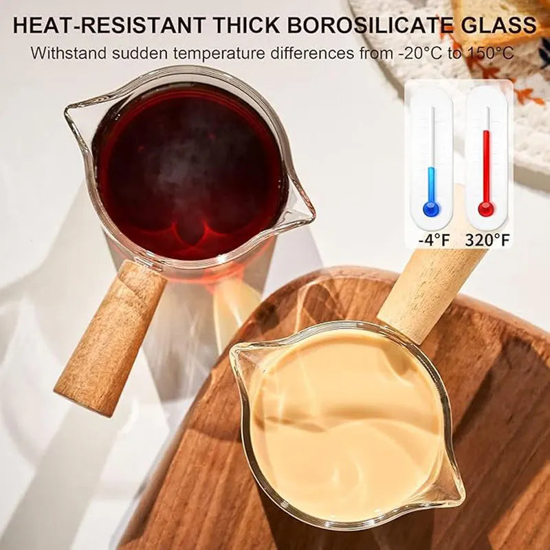 Glass Milk Cup Fine Espresso Small Glass Measuring Cup Double Spout Milk Jug Wooden Handle and Scale Coffee Latte Extraction Cup