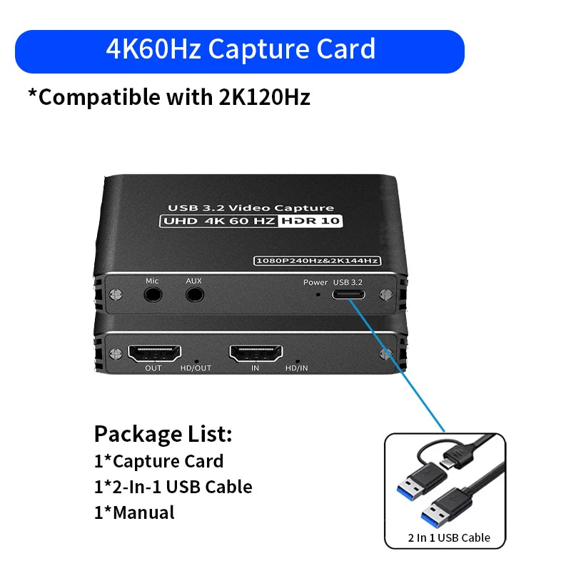 Unnlink 4K 60Hz 2K 144Hz Video Capture Card HDMI USB Recording Box Streaming Gaming / HDR Passthrough for PS5/4 Xbox Camera PC