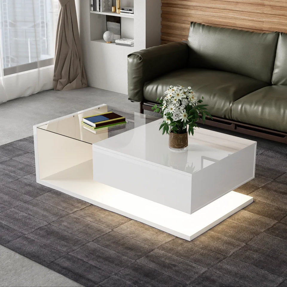 Rosahqnda coffee table side tables coffee table tables with glass and LED effect, high gloss white