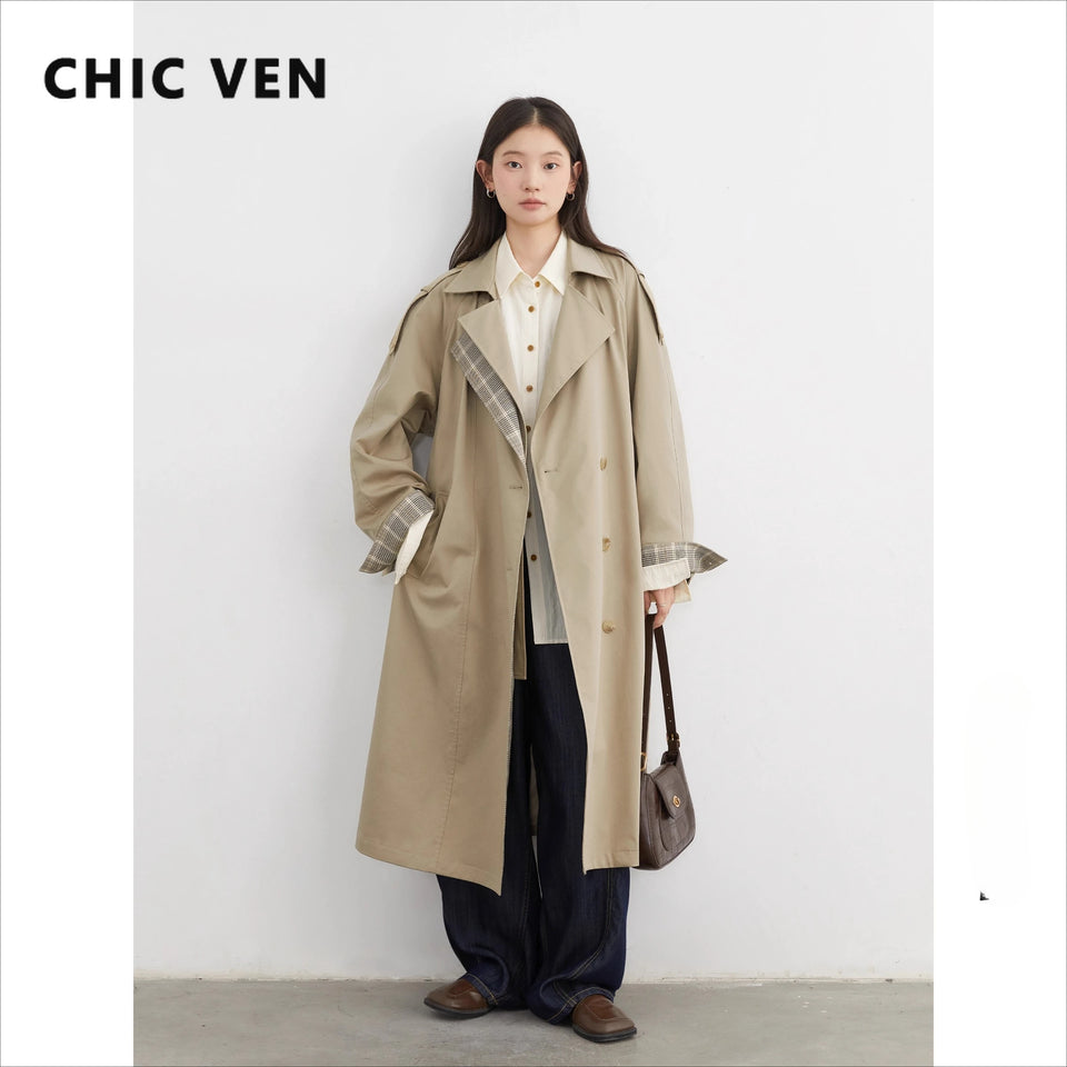 CHIC VEN Women Long Trench Coat Loose Casual New Plaid Patchwork Female Windbreaker Office Ladies Outerwear Spring Autumn 2025