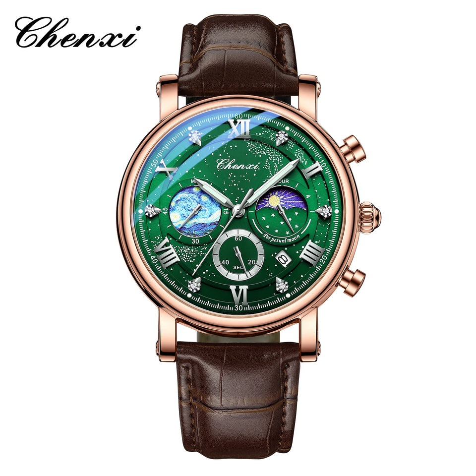 CHENXI Watches Luxury Men Waterproof Star Luminous Watch For Man High Quality Quartz Chronograph Leather Wristwatches Clock Male