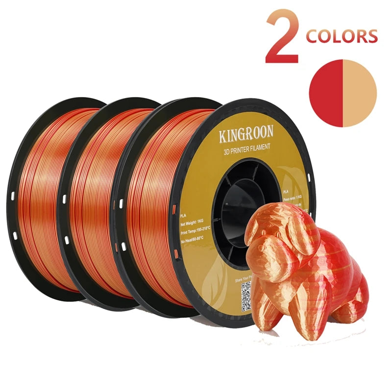 KINGROON Dual-color Silk PLA Filament 1.75mm 2 Color Coextrusion Glossy 3D Printer Filament PLA, 3kg/pack 1kg each spool