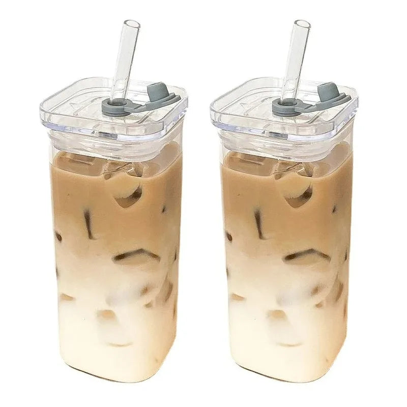 1Pcs Square Heat Resistant Coffee Glass Cup  With Lid and Straw Transparent Milk Tea Juice Cups For Home Bar Drinkware