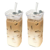 1Pcs Square Heat Resistant Coffee Glass Cup  With Lid and Straw Transparent Milk Tea Juice Cups For Home Bar Drinkware