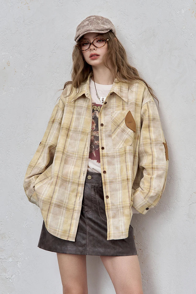 2025 Autumn ELFSACK New Arrivals Casual Color Block Plaid Oversized Long Sleeve Lapel Collar Shirt For Women