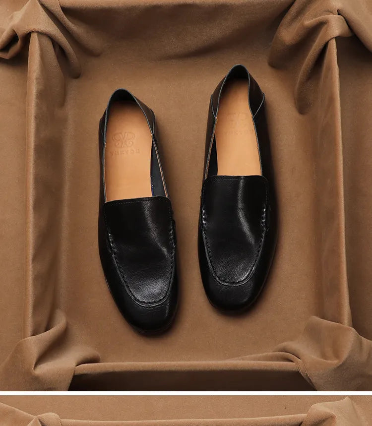 SHOEBOX Retro flat woman loafers new fashion style for spring and autumn 2025, shallow-mouth round-toe genuine leather shoes